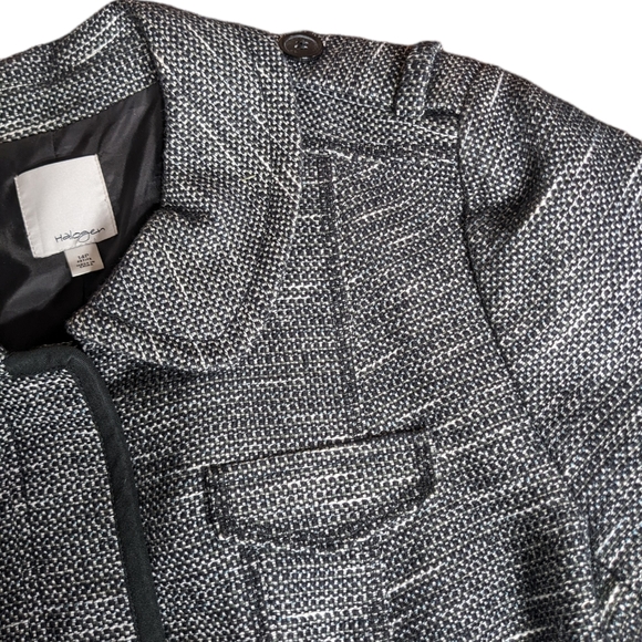 14P Black White Tweed Fitted Blazer 3/4 Sleeve Contrast Trim Abstract Stripe - Picture 2 of 13